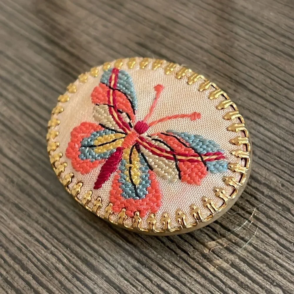 Vintage Embroidered Needlepoint Butterfly Petit Point Brooch Pin
